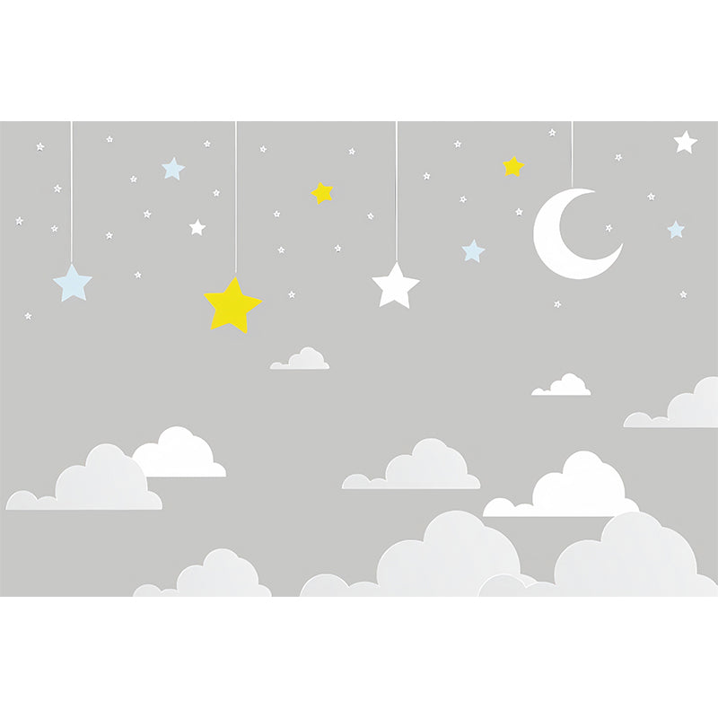 Cartoon Moon and Cloud Mural for Boy or Girl Minimalist Wall Covering, Custom Size Available Clearhalo 'Wall Decor' 'Wall Mural' 977257