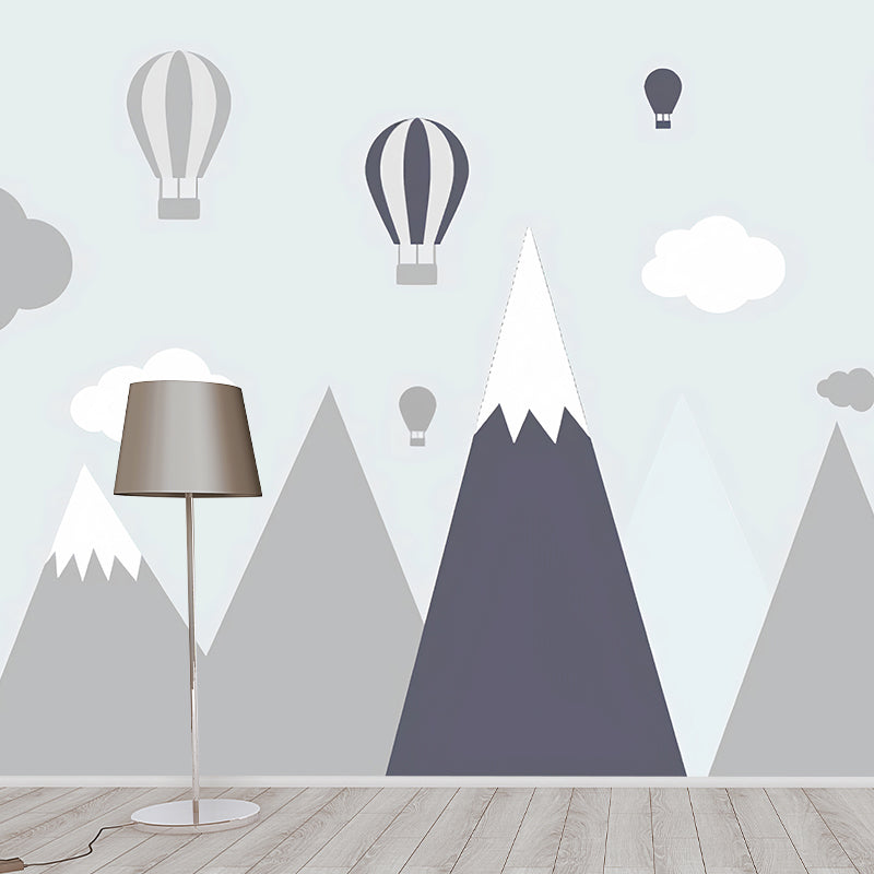 Cute Balloon and Mountain Mural Wallpaper for Children's Bedroom Decoration, Grey, Made to Measure Grey Clearhalo 'Wall Decor' 'Wall Mural' 977259