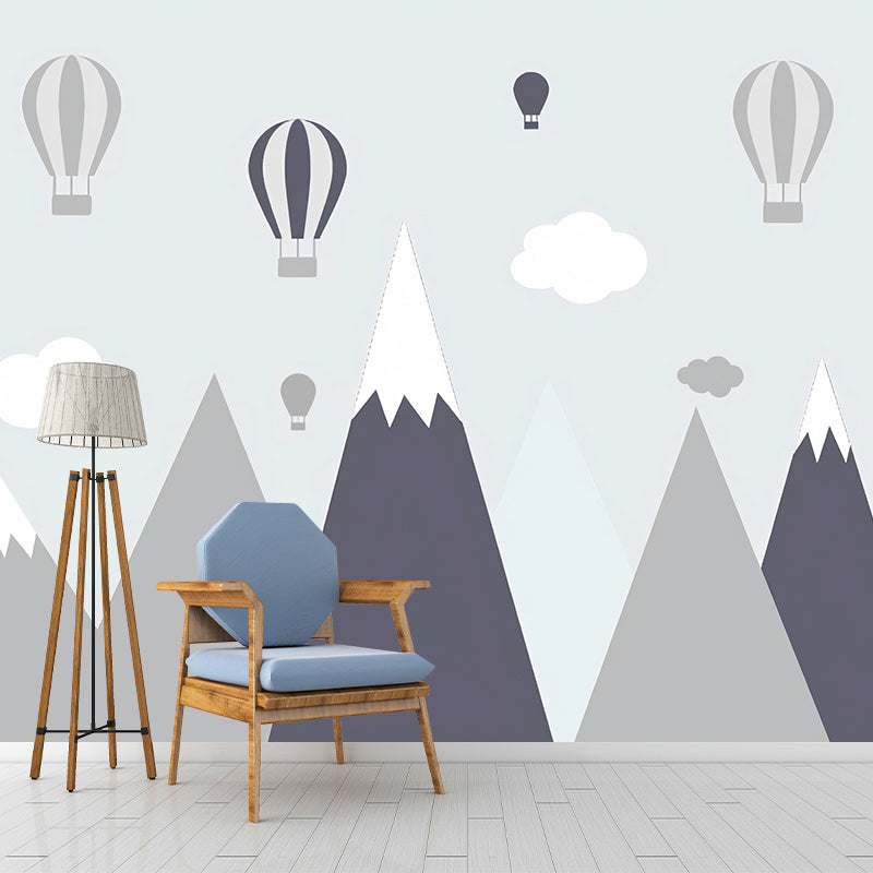 Cute Balloon and Mountain Mural Wallpaper for Children's Bedroom Decoration, Grey, Made to Measure Clearhalo 'Wall Decor' 'Wall Mural' 977260