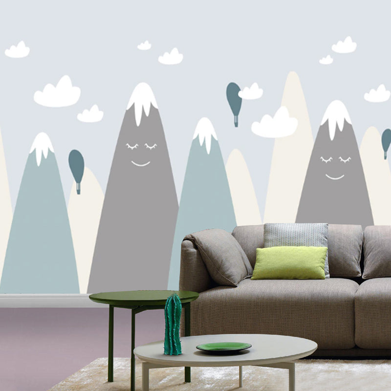 Modernism Mountain and Balloon Mural in Grey Children's Bedroom Wall Covering, Personalized Size Available Grey Clearhalo 'Wall Decor' 'Wall Mural' 977269