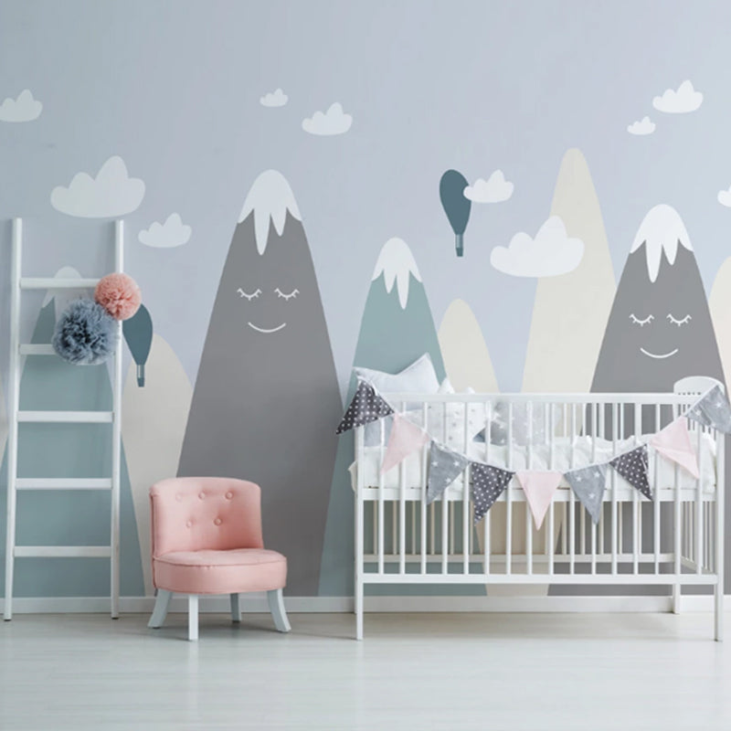 Modernism Mountain and Balloon Mural in Grey Children's Bedroom Wall Covering, Personalized Size Available Clearhalo 'Wall Decor' 'Wall Mural' 977270