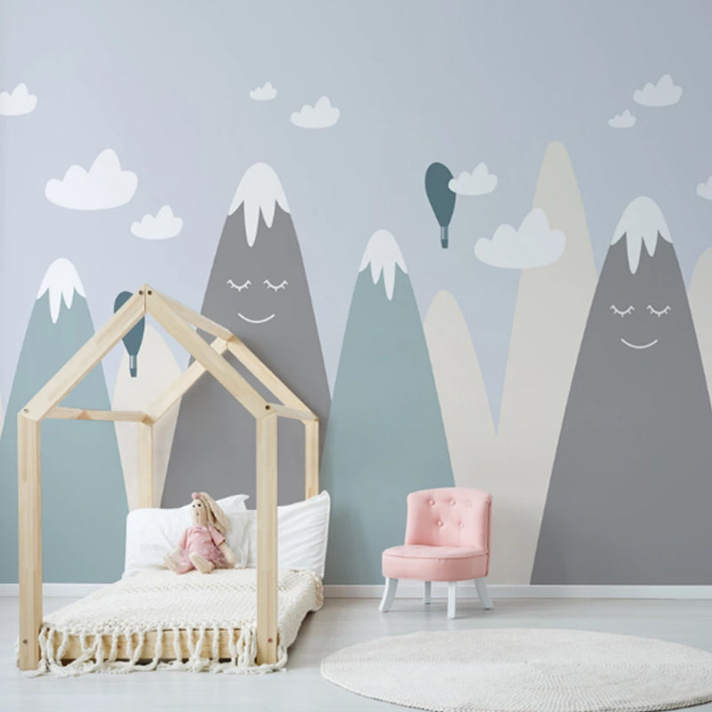 Modernism Mountain and Balloon Mural in Grey Children's Bedroom Wall Covering, Personalized Size Available Clearhalo 'Wall Decor' 'Wall Mural' 977271