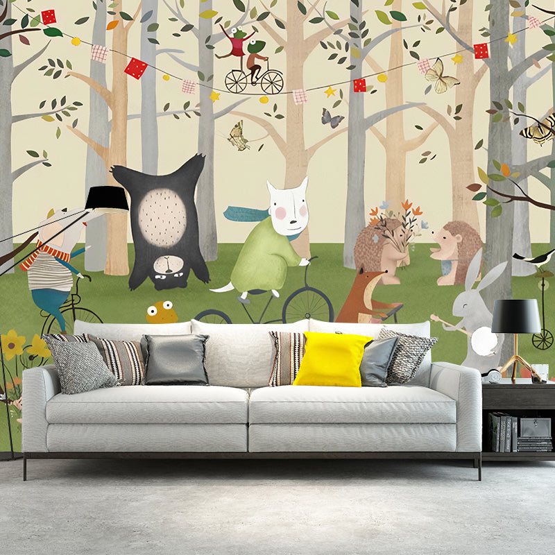 Fresh Animal and Forest Mural for Boy or Girl, Custom-Made Wall Covering in Beige and Green Clearhalo 'Wall Decor' 'Wall Mural' 977281