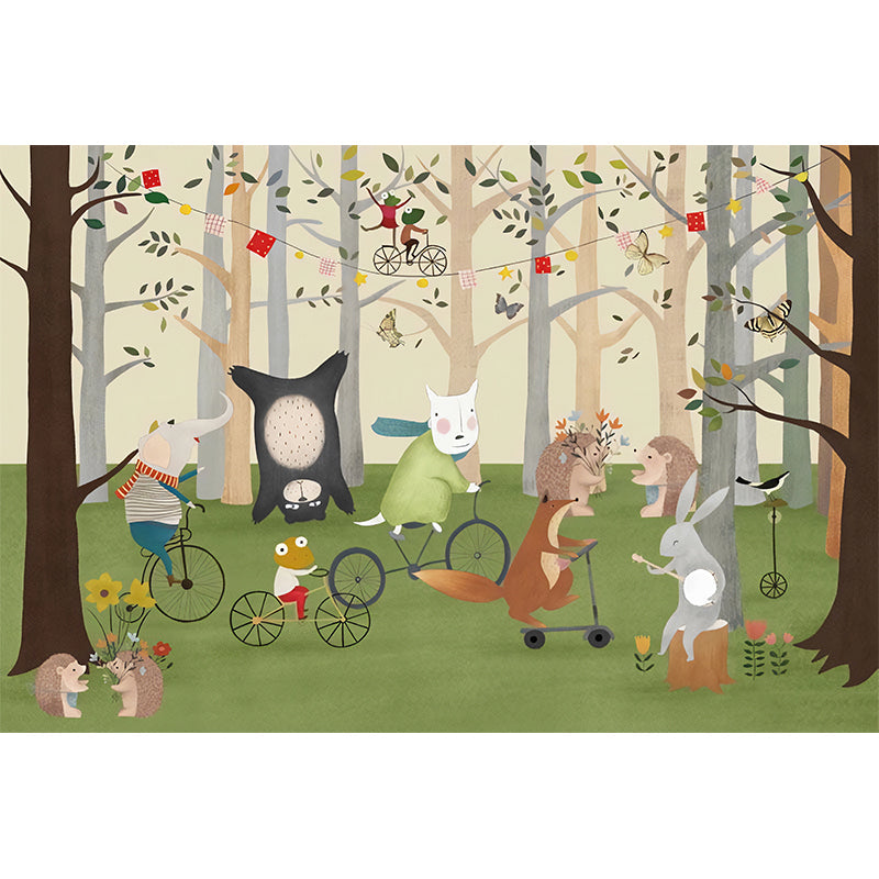 Fresh Animal and Forest Mural for Boy or Girl, Custom-Made Wall Covering in Beige and Green Clearhalo 'Wall Decor' 'Wall Mural' 977282