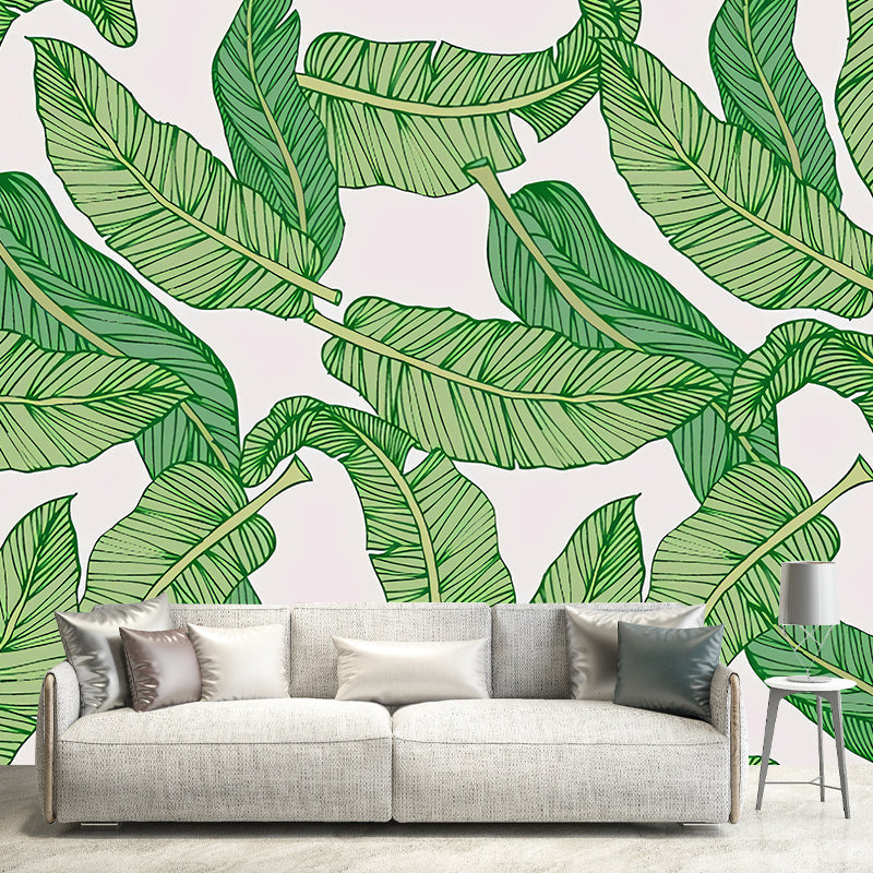 Modernism Banana Leaves Wall Mural in Green and White Guest Room Wall Art, Personalized Size Available Green Clearhalo 'Wall Decor' 'Wall Mural' 977334