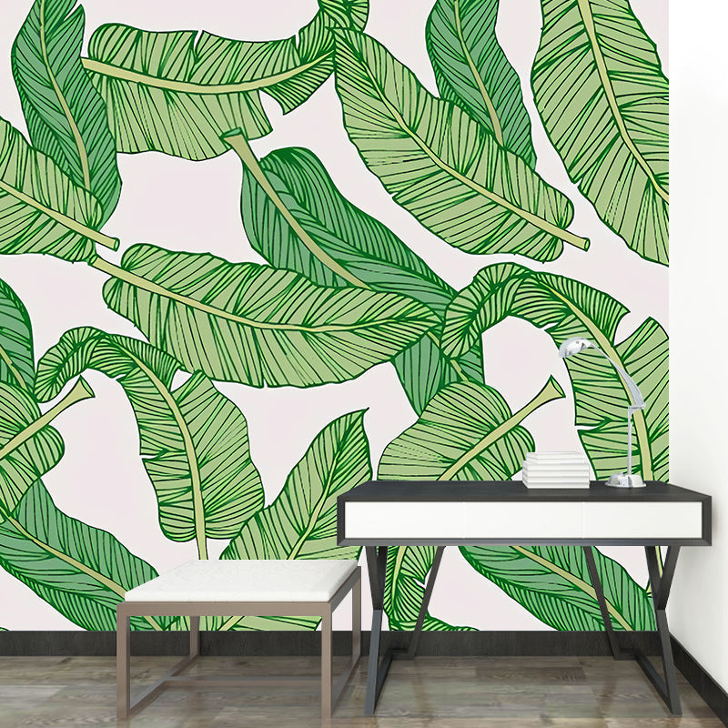 Modernism Banana Leaves Wall Mural in Green and White Guest Room Wall Art, Personalized Size Available Clearhalo 'Wall Decor' 'Wall Mural' 977335