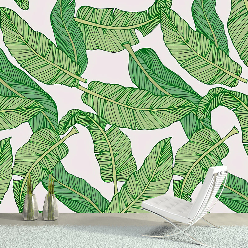 Modernism Banana Leaves Wall Mural in Green and White Guest Room Wall Art, Personalized Size Available Clearhalo 'Wall Decor' 'Wall Mural' 977336