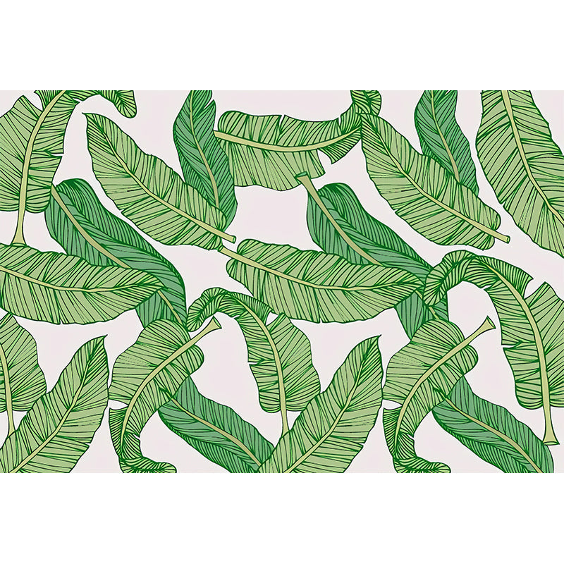 Modernism Banana Leaves Wall Mural in Green and White Guest Room Wall Art, Personalized Size Available Clearhalo 'Wall Decor' 'Wall Mural' 977337