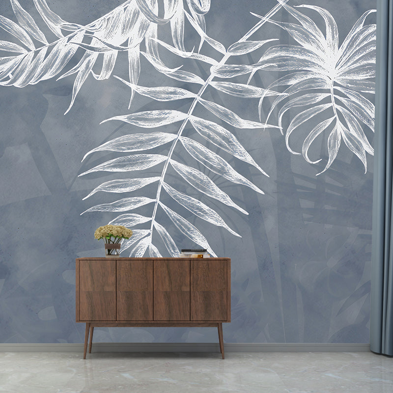 Nordic Leaves Wall Mural in Grey and White, Minimalist Wall Covering for Accent Wall Clearhalo 'Wall Decor' 'Wall Mural' 977365