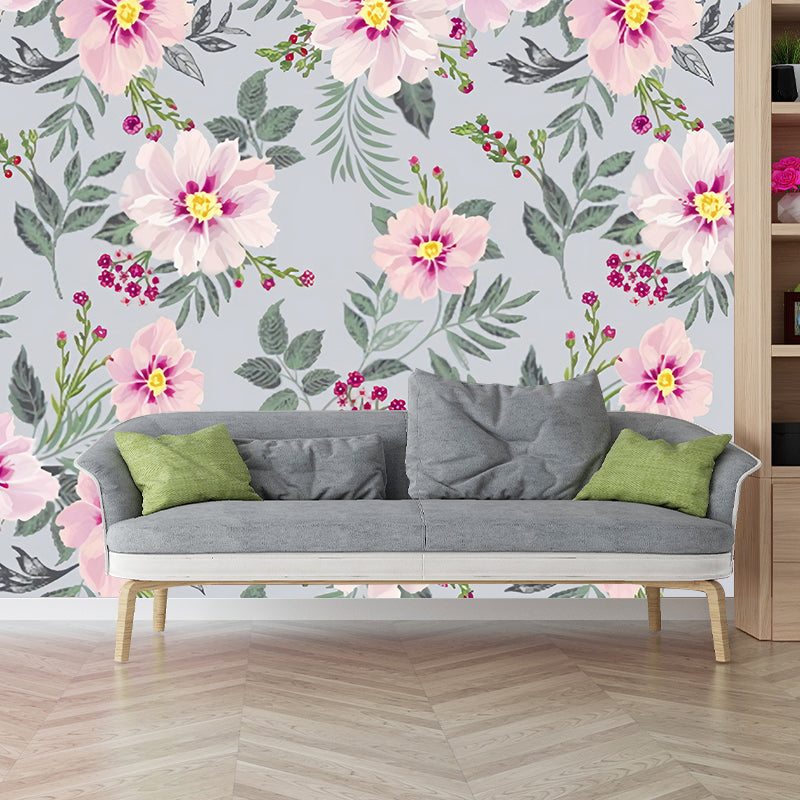 Whole Illustration Style Simple Mural for Girl's Bedroom with Blossoming Flower Design in Green and Pink Clearhalo 'Wall Decor' 'Wall Mural' 977370