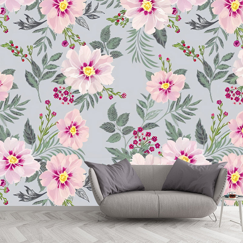 Whole Illustration Style Simple Mural for Girl's Bedroom with Blossoming Flower Design in Green and Pink Clearhalo 'Wall Decor' 'Wall Mural' 977371