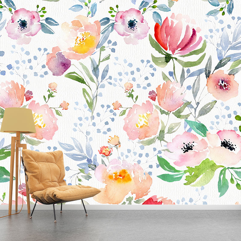 Illustration Watercolors of Flower Mural for Living Room Decoration in Soft Pink, Made to Measure Pink Clearhalo 'Wall Decor' 'Wall Mural' 977374