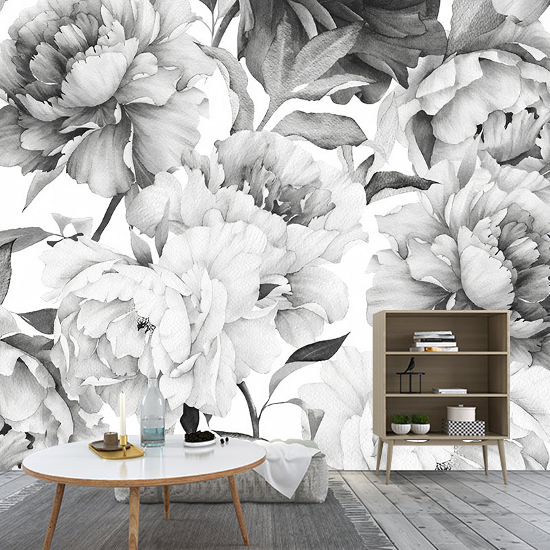 Stain-Resistant Flower Wall Mural Decal Non-Woven Fabric Contemporary Wall Art for Bedroom Black-White Clearhalo 'Wall Decor' 'Wall Mural' 977379