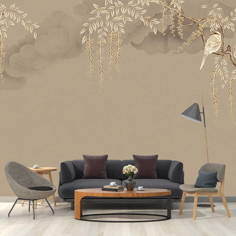 Brown Willow Mural Wallpaper Waterproofing Wall Covering for Bedroom Decoration Light Gray-Yellow Clearhalo 'Wall Decor' 'Wall Mural' 977419