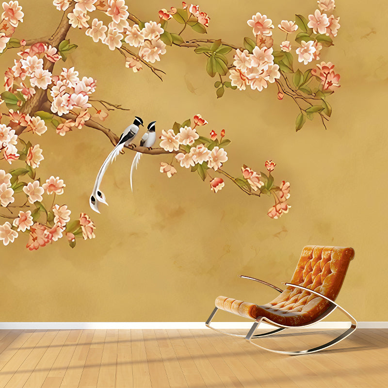 Illustration Magnolia Mural Wallpaper for Living Room, Full Size Wall Art in Yellow and Pink Yellow Clearhalo 'Wall Decor' 'Wall Mural' 977424