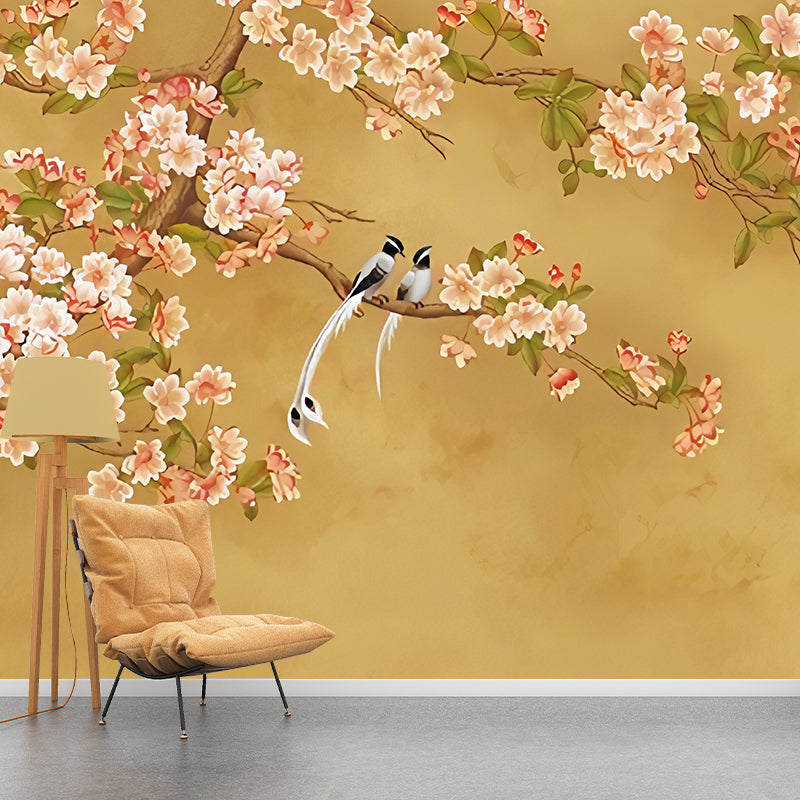 Illustration Magnolia Mural Wallpaper for Living Room, Full Size Wall Art in Yellow and Pink Clearhalo 'Wall Decor' 'Wall Mural' 977425