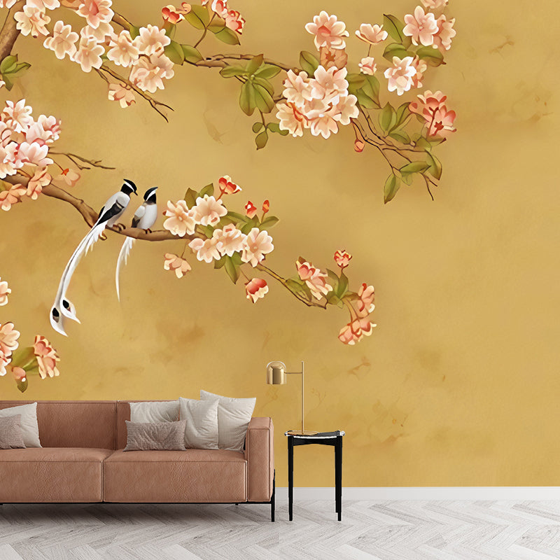 Illustration Magnolia Mural Wallpaper for Living Room, Full Size Wall Art in Yellow and Pink Clearhalo 'Wall Decor' 'Wall Mural' 977426