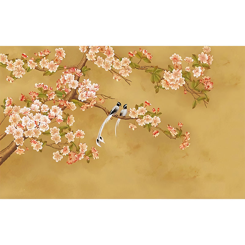 Illustration Magnolia Mural Wallpaper for Living Room, Full Size Wall Art in Yellow and Pink Clearhalo 'Wall Decor' 'Wall Mural' 977427