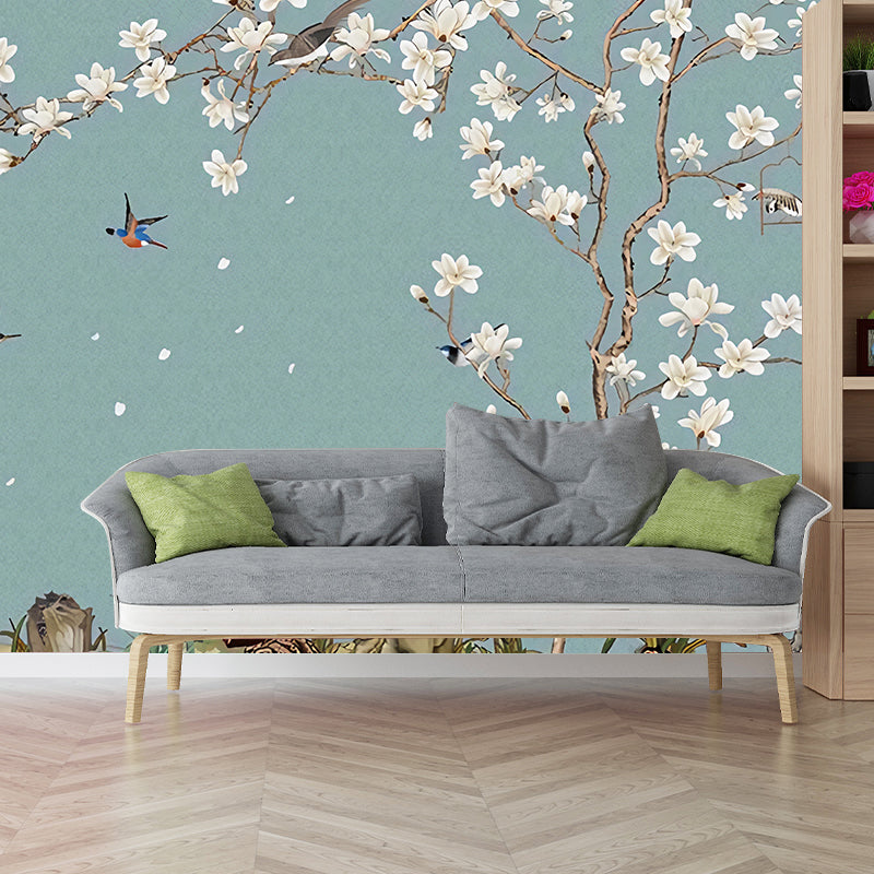 Illustration Bird and Magnolia Mural Extra Large Wall Covering for Living Room, Custom-Made Lake Blue Clearhalo 'Wall Decor' 'Wall Mural' 977429