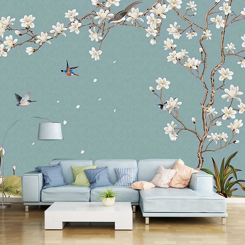 Illustration Bird and Magnolia Mural Extra Large Wall Covering for Living Room, Custom-Made Clearhalo 'Wall Decor' 'Wall Mural' 977430