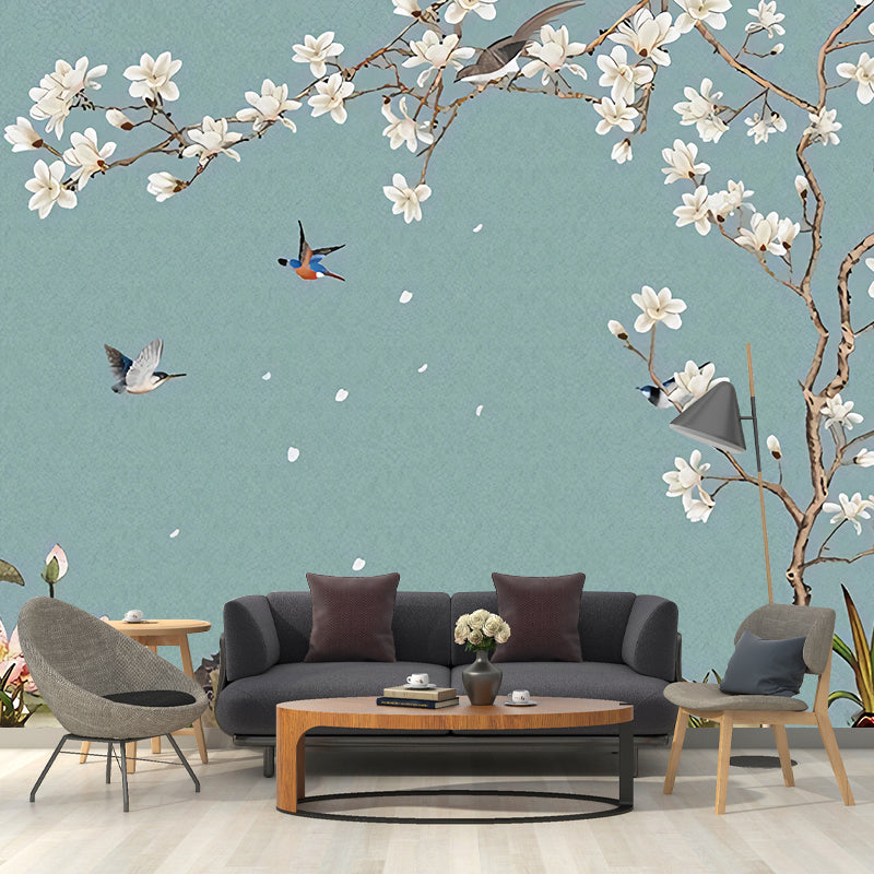 Illustration Bird and Magnolia Mural Extra Large Wall Covering for Living Room, Custom-Made Clearhalo 'Wall Decor' 'Wall Mural' 977431