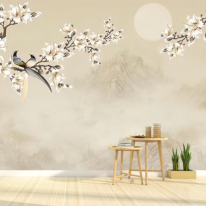 Asia Inspired Magnolia Wall Mural for Accent Wall, Personalized Size Wall Decor in Pastel Brown Clearhalo 'Wall Decor' 'Wall Mural' 977436