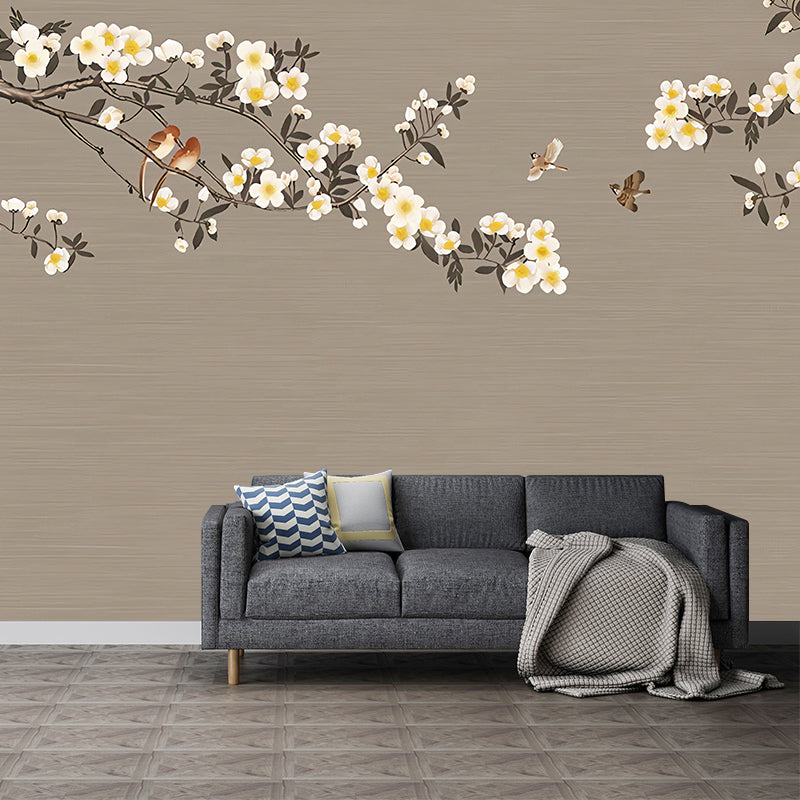 Cluster Flower Mural Wallpaper in Brown and White, Vintage Wall Art for Guest Room Light Brown Clearhalo 'Wall Decor' 'Wall Mural' 977439