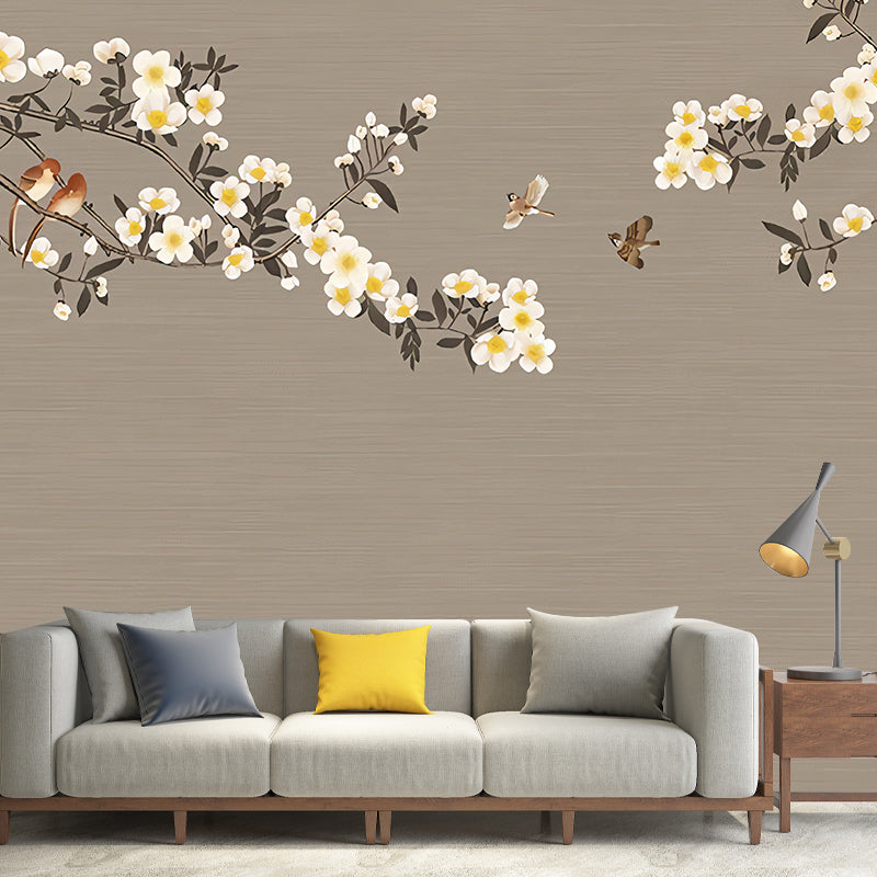 Cluster Flower Mural Wallpaper in Brown and White, Vintage Wall Art for Guest Room Clearhalo 'Wall Decor' 'Wall Mural' 977440