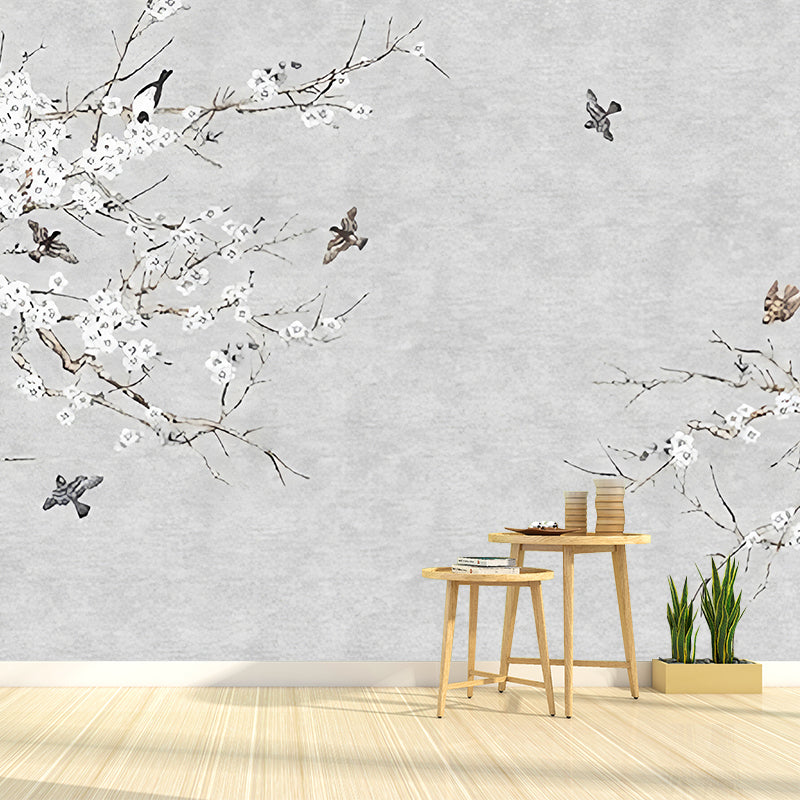 Enormous Branch and Bird Mural Wallpaper for Accent Wall in Grey, Stain-Resistant Clearhalo 'Wall Decor' 'Wall Mural' 977445