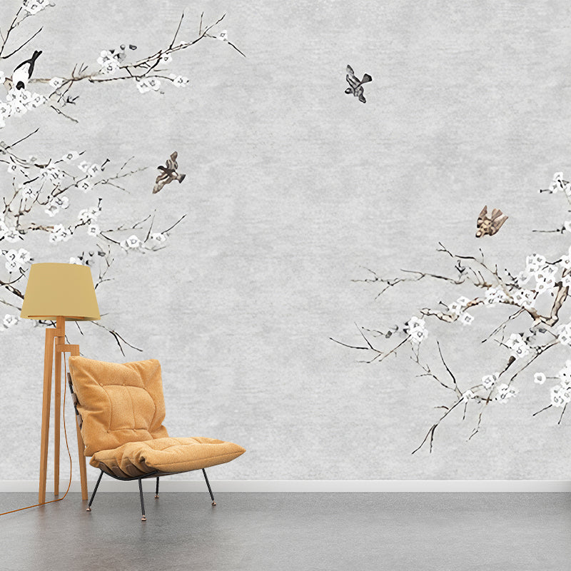 Enormous Branch and Bird Mural Wallpaper for Accent Wall in Grey, Stain-Resistant Clearhalo 'Wall Decor' 'Wall Mural' 977446