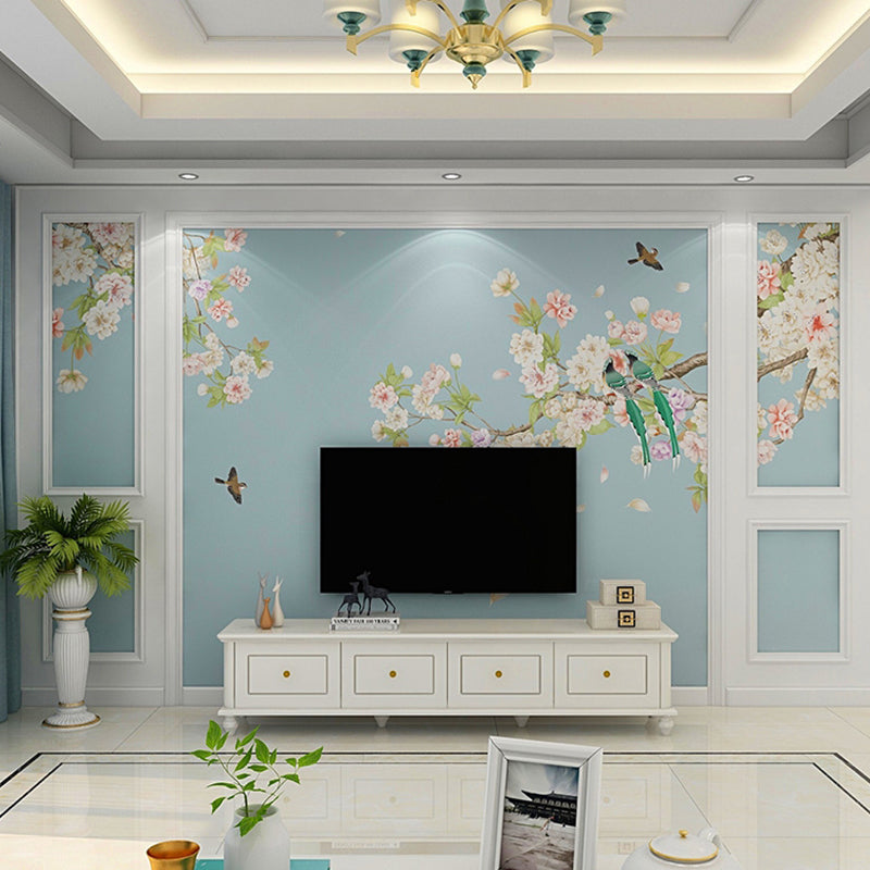 Giant Minimalist Mural Wallpaper Green and Pink Cluster Blossoms Wall Covering, Personalized Size Available Clearhalo 'Wall Decor' 'Wall Mural' 977456