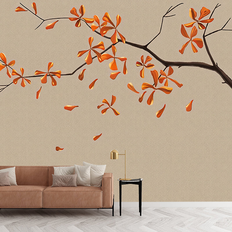 Illustration Autumn Leaf Wall Mural for Living Room, Red and Brown, Personalized Size Available Light Brown Clearhalo 'Wall Decor' 'Wall Mural' 977479