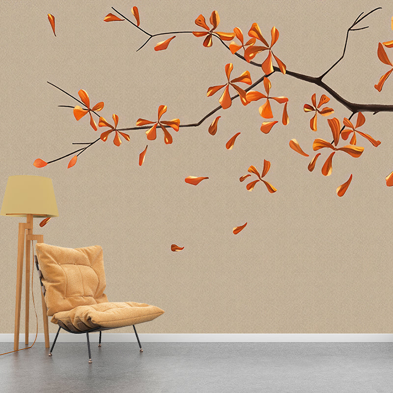 Illustration Autumn Leaf Wall Mural for Living Room, Red and Brown, Personalized Size Available Clearhalo 'Wall Decor' 'Wall Mural' 977480