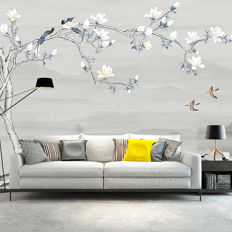 Illustration Magnolia Wall Mural Full Size Wall Covering for Bedroom, Made to Measure Grey Clearhalo 'Wall Decor' 'Wall Mural' 977494