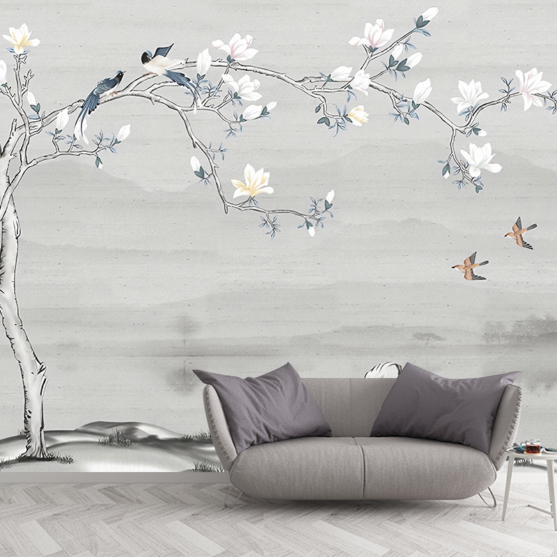 Illustration Magnolia Wall Mural Full Size Wall Covering for Bedroom, Made to Measure Clearhalo 'Wall Decor' 'Wall Mural' 977495