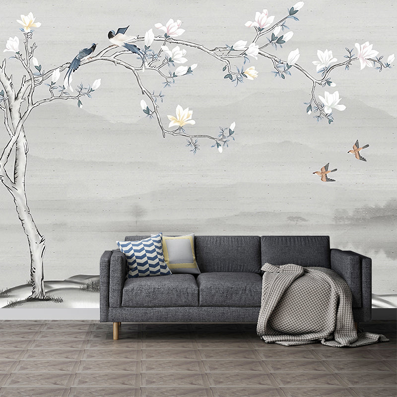 Illustration Magnolia Wall Mural Full Size Wall Covering for Bedroom, Made to Measure Clearhalo 'Wall Decor' 'Wall Mural' 977496