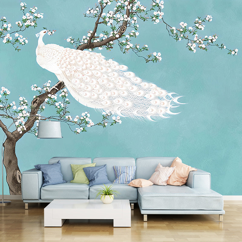 Elegant Peacock Wall Mural for Accent Wall Oriental Wall Art in Blue, Made to Measure Blue Clearhalo 'Wall Decor' 'Wall Mural' 977539