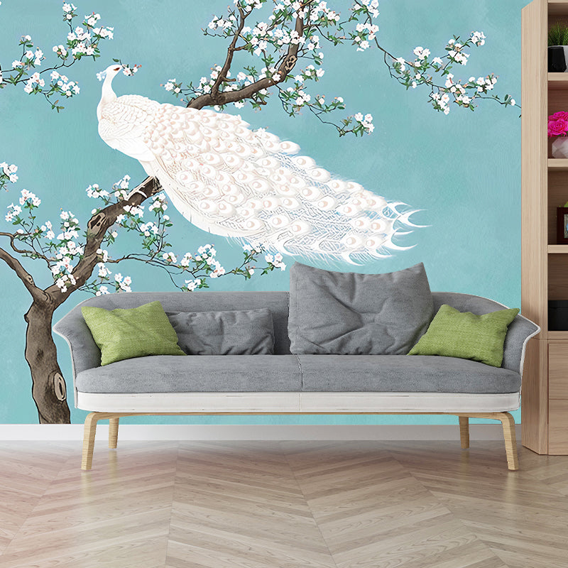 Elegant Peacock Wall Mural for Accent Wall Oriental Wall Art in Blue, Made to Measure Clearhalo 'Wall Decor' 'Wall Mural' 977540