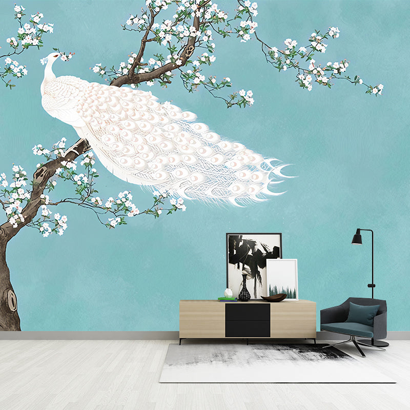 Elegant Peacock Wall Mural for Accent Wall Oriental Wall Art in Blue, Made to Measure Clearhalo 'Wall Decor' 'Wall Mural' 977541