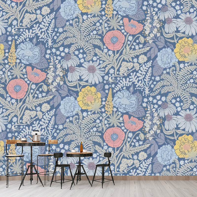 Full Size Plants Wall Mural in Blue Non-Woven Fabric Wall Covering for Accent Wall, Custom Size Available Clearhalo 'Wall Decor' 'Wall Mural' 977545