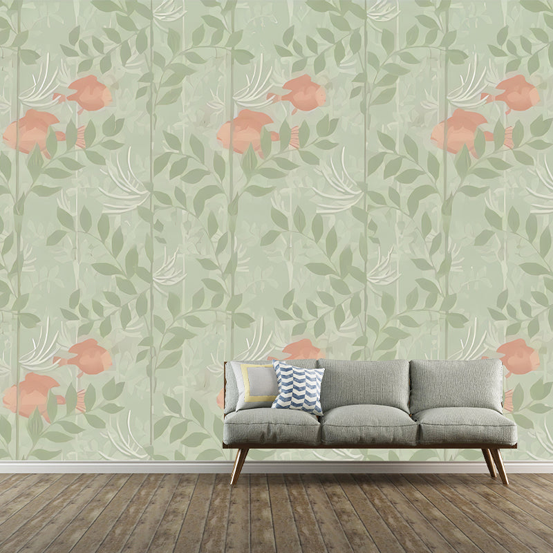 Illustration Leaves and Flower Mural Wallpaper Extra Large Wall Covering for Living Room, Custom-Printed Light Green Clearhalo 'Wall Decor' 'Wall Mural' 977559