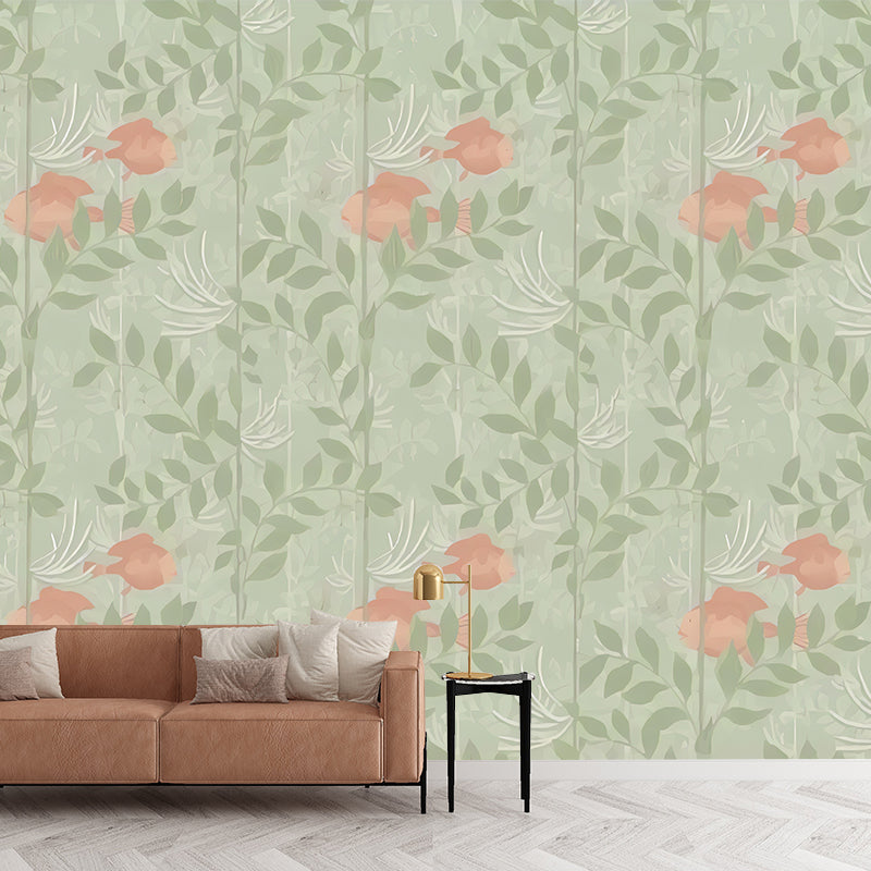 Illustration Leaves and Flower Mural Wallpaper Extra Large Wall Covering for Living Room, Custom-Printed Clearhalo 'Wall Decor' 'Wall Mural' 977560