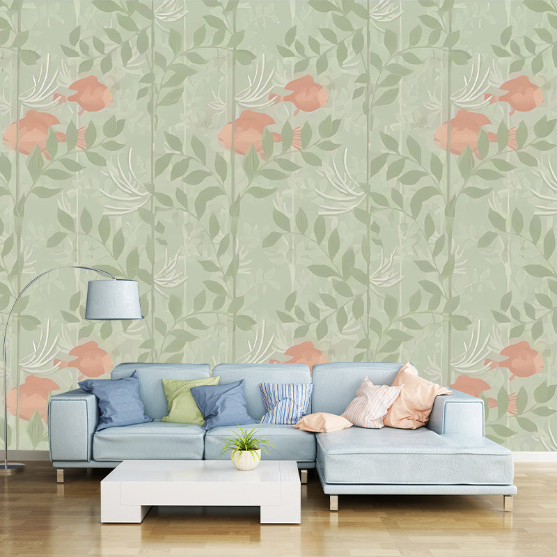 Illustration Leaves and Flower Mural Wallpaper Extra Large Wall Covering for Living Room, Custom-Printed Clearhalo 'Wall Decor' 'Wall Mural' 977561