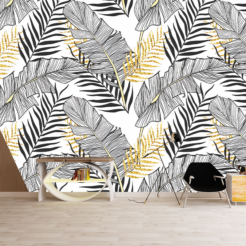 Large Illustration Banana Leaves Mural Wallpaper for Accent Wall in Grey, Personalized Size Available Grey Clearhalo 'Wall Decor' 'Wall Mural' 977574