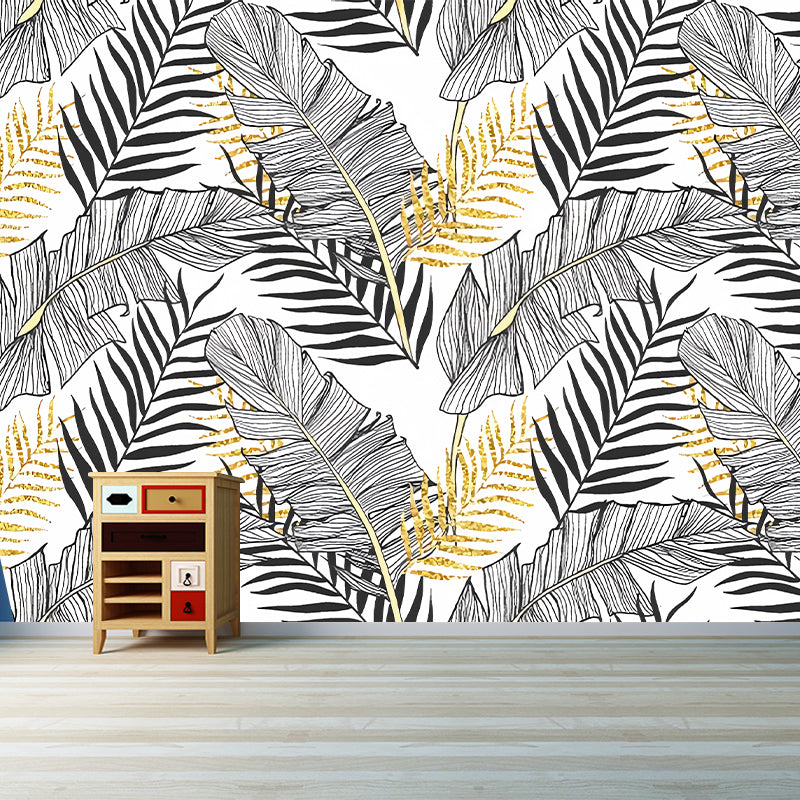 Large Illustration Banana Leaves Mural Wallpaper for Accent Wall in Grey, Personalized Size Available Clearhalo 'Wall Decor' 'Wall Mural' 977575