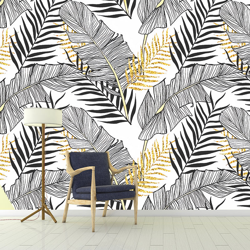 Large Illustration Banana Leaves Mural Wallpaper for Accent Wall in Grey, Personalized Size Available Clearhalo 'Wall Decor' 'Wall Mural' 977576