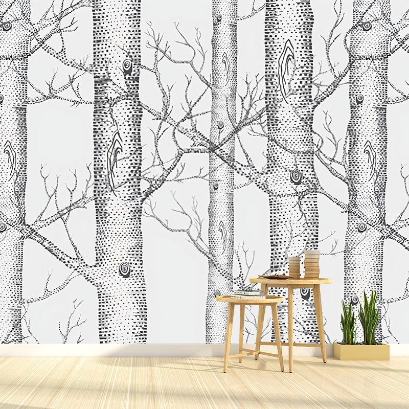 Nordic Birch Tree Wall Art in Grey Bedroom Decorative Wall Mural, Custom-Printed Grey Clearhalo 'Wall Decor' 'Wall Mural' 977599