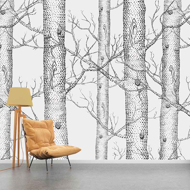 Nordic Birch Tree Wall Art in Grey Bedroom Decorative Wall Mural, Custom-Printed Clearhalo 'Wall Decor' 'Wall Mural' 977600