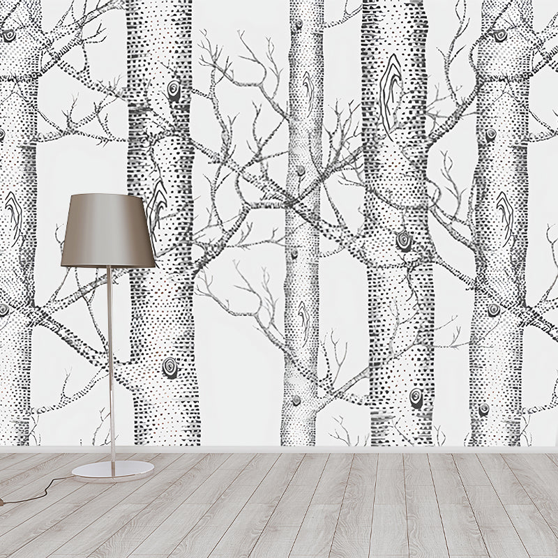 Nordic Birch Tree Wall Art in Grey Bedroom Decorative Wall Mural, Custom-Printed Clearhalo 'Wall Decor' 'Wall Mural' 977601