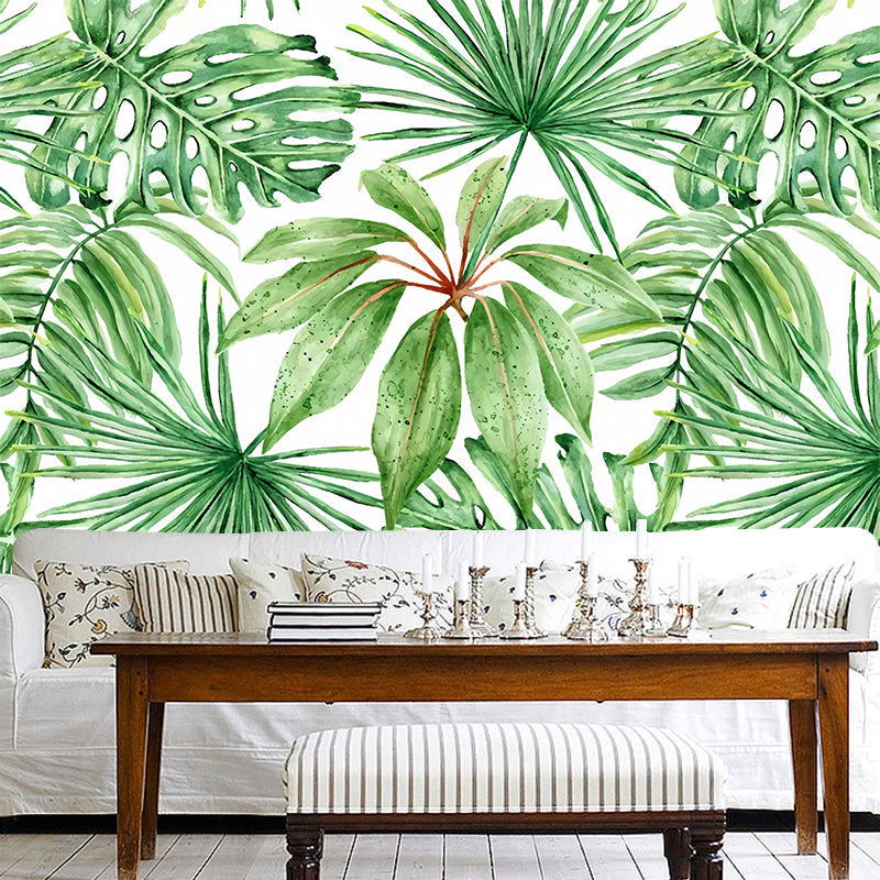 Banana Leaves Wall Art in Soft Green, Contemporary Wall Mural for Thai Restaurant Green Clearhalo 'Wall Decor' 'Wall Mural' 977619